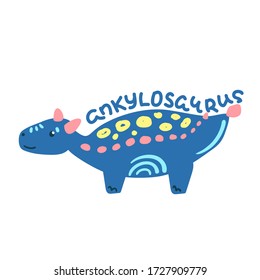Cartoon dinosaur Ankylosaurus. Cute dino character isolated. Playful dinosaur vector illustration on white background. Ankylosaurus handdrawn lettering. Kids logo with friendly animal. Dino mascot