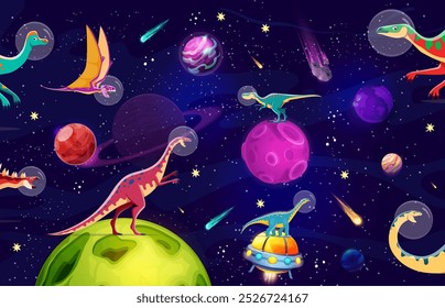 Astronautas de dinossauros desenhos animados no espaço sideral ou lagarto pré-histórico engraçado, personagens vetoriais. Fantasia de galáxia jurássica com dinossauros em capacetes de astronautas em OVNI alienígena e planetas no céu espacial