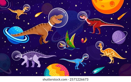 Cartoon dinosaur astronauts wearing helmets explore galaxy filled with planets, comets and stars. Vector prehistoric dino animals in a whimsical space adventure, showcasing interstellar fantasy travel