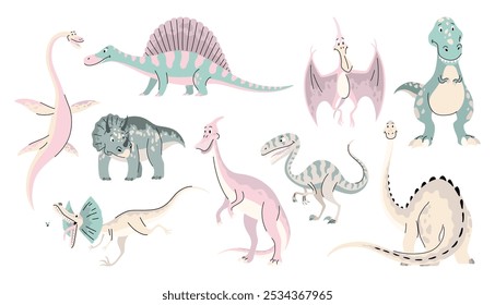 Bebés de dinosaurio de dibujos animados. Tema prehistórico divertido pequeño monstruo para niños. Personaje de dibujos animados en estilo plano. Ilustración vectorial aislada sobre fondo blanco