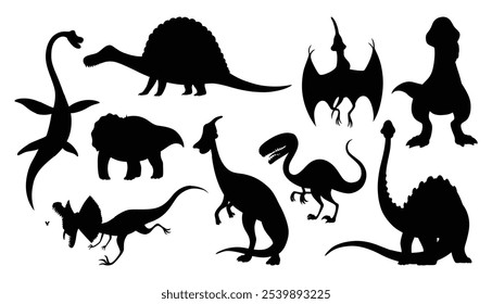 Cartoon dinosaur babies silhouettes set. Dino monsters icons. Prehistoric funny little monster for children theme. Vector illustration isolated on white