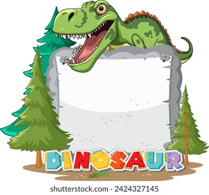 Cartoon dinosaur beside a sign in a forest