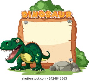 Cartoon dinosaur beside a stone-framed sign