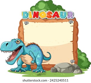 Cartoon dinosaur beside a stone-framed sign