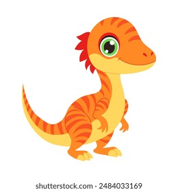A cartoon dinosaur with a big smile on its face. The dinosaur is orange and yellow with green eyes