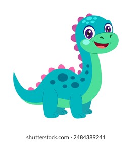 A cartoon dinosaur with a big smile on its face. The dinosaur is blue and green and has pink spots