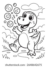 Um dinossauro de desenho animado está soprando bolhas em uma ilustração de página colorida em preto e branco, com nuvens no céu e grama abaixo do dinossauro.