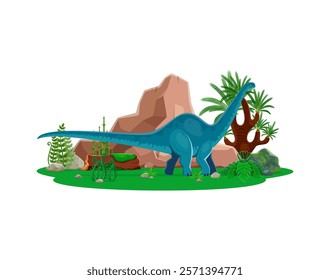 Cartoon dinosaur Brontosaurus or prehistoric lizard in Jurassic park forest, vector dino character. Prehistoric funny dinosaur lizard of Brontosaurus species for kids dino atlas or paleontology museum