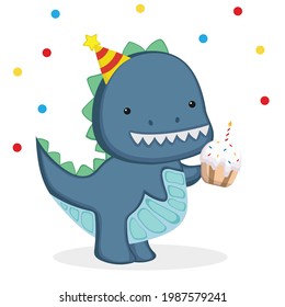 Cartoon dinosaur in a cap with a cake. Vector illustration of a cute dinosaur in a flat style.