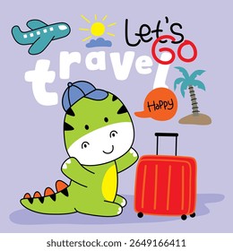 Cartoon dinosaur with cap sitting beside red suitcase under sun with airplane and palm tree. Travel holiday concept
