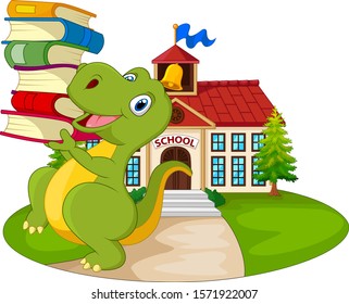 Cartoon dinosaur carrying stack of books in front school building