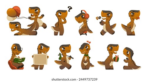 Caricatura de dinosaurio. Lindo reptil verde divertido con diferentes emociones, dragón sonriente feliz con la boca abierta y los ojos cerrados. Conjunto aislado de Vector de ilustración de monstruo de dinosaurio lindo