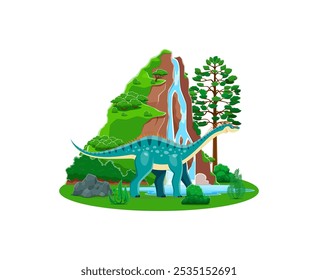 Cartoon dinosaur character of prehistoric lizard Dicraeosaurus, vector funny dino in forest. Jurassic era dinosaur or cartoon prehistoric lizard character in jungle park with waterfall on mountain