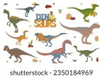 Cartoon dinosaur characters, cute baby dino and egg. Vector personages of prehistoric animals with volcanic stones. Carnotaurus, therizinosaurus, oviraptor and troodon, velociraptor and dilophosaurus