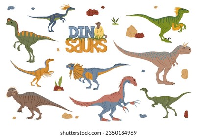 Cartoon dinosaur characters, cute baby dino and egg. Vector personages of prehistoric animals with volcanic stones. Carnotaurus, therizinosaurus, oviraptor and troodon, velociraptor and dilophosaurus