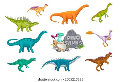 Personajes de dinosaurio de dibujos animados y lindo bebé dino en huevo, divertidos animales jurásicos de Vector de selva prehistórica. Conjunto de personajes divertidos de kentrosaurus, wannanosaurus, monolophosaurus y datousaurus