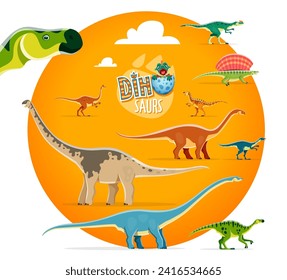 Cartoon dinosaur characters, cute extinct reptiles. Prehistoric reptile, Jurassic animal. Ryosaurus, Cetiosaurus, Scutellosaurus and Edaphosaurus, Kileskus, Mamenchisaurus dinosaur vector personage