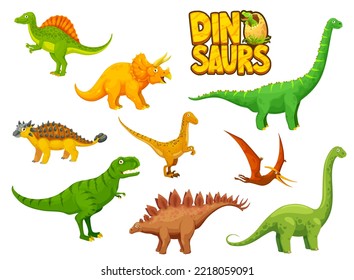 Cartoon dinosaur characters of cute prehistoric animals, bird and dino egg. Funny personages of vector triceratops, brontosaurus, spinosaurus, tyrannosaurus and brachiosaurus, pteranodon, velociraptor