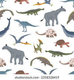 Cartoon dinosaur characters and dino animal personages seamless pattern. Vector background of dinosaur monsters. Tapejara, doedicurus and mosasaurus, basilosaurus and sarcosuchus, paleontology pattern