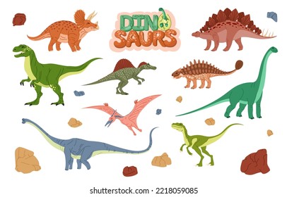 Cartoon dinosaur characters and dino eggs. Vector prehistoric monster animals, raptor personages of triceratops, pterodactyl, brontosaurus and stegosaurus, ankylosaurus, tyrannosaurus or t-rex