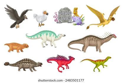 Cartoon dinosaur characters and dino kid in egg, vector jurassic animals. Cute dinosaur personages, dodo, lystrosaurus, dimorphodon and dicraeosaurus, saichania, pegomastax and argentavis raptors