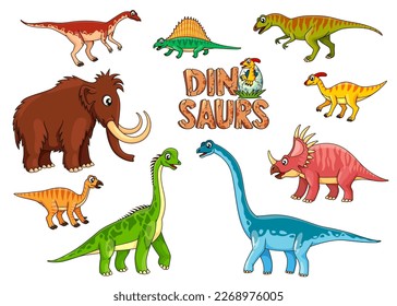 Cartoon dinosaur characters. Extinct animal, Jurassic era dinosaur cute vector personages or mascots of Archaeornithomimus, Dimetrodon, Velociraptor and Tarbosaurus, Mammoth, Styracosaurus and Mammoth