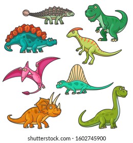 Cartoon dinosaur characters, funny dinos. Vector triceratops, tyrannosaurus, stegosaurus and brontosaurus, pterodactyl, parasaurolophus and spinosaurus, diplodocus and ankylosaurus