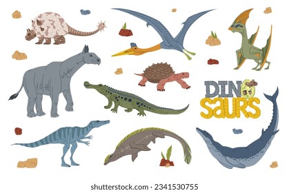 Cartoon dinosaur characters with funny prehistoric animals. Vector baby dinosaur and dino egg with cute mosasaurus, doedicurus, indricotherium and baryonyx, basilosaurus and sarcosuchus personages