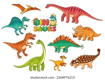 Cartoon dinosaur characters. Isolated vector spinosaurus, pteranodon, isanosaurus and triceratops, ceratosaurus, ankylosaurus or oviraptor, brontosaurus and stegosaurus funny colorful dino personages