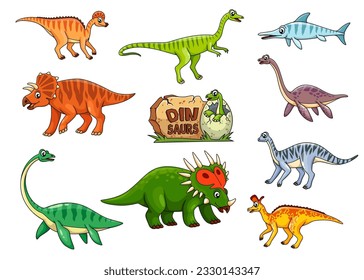 Cartoon dinosaur characters or Jurassic dino reptiles and lizards, vector kid toys. Cute dinosaur characters monsters and funny cheerful dino baby hatching from egg, arrhinoceraptors and ichthyosaurus