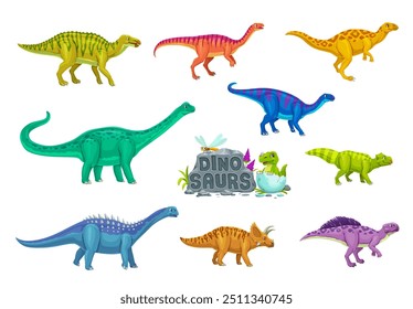 Personajes de dinosaurios de dibujos animados de animales de dinosaurio jurásico. Personaje divertido del Vector del dinosaurio del bebé que eclosiona del huevo y de los caracteres lindos de psittacosaurus, ampelosaurus, shantungosaurus y antarctosaurus dino