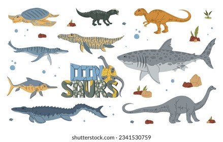 Cartoon dinosaur characters, Jurassic park dino reptiles and lizards, vector kids monsters. Dinosaurs and extinct reptiles of Jurassic aquatic creatures, brontosaurus and T-rex tyrannosaurus