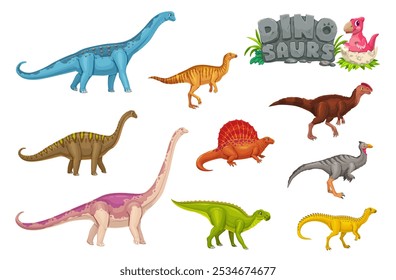 Personajes de dinosaurios de dibujos animados de animales dino prehistóricos, reptiles jurásicos, pájaros y bebé dino en cáscara de huevo. Vector divertido edaphosaurus, pelecanimimus y kileskus, paralititan gigante y cetiosaurus