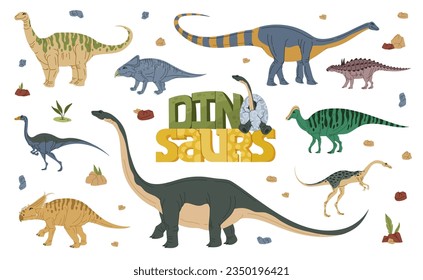 Cartoon dinosaur characters. Prehistoric lizard, extinct dinosaur sketch vector personages with funny Opisthocoelicaudia, Protoceratops, Magyarosaurus and Struthiosaurus, Hypacrosaurus, Elmisaurus