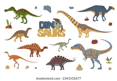 Cartoon dinosaur characters. Prehistoric dinosaur, paleontology lizard colorful Baryonyx, Aralosaurus, Brachiosaurus, Probactrosaurus and Ouranosaurus, Elaphrosaurus isolated vector funny personages