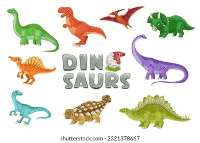 Personajes de los dinosaurios de dibujos animados. Reptile prehistórico, dino cómico de la era Jurásica. Tarbosaurus, Brontosaurus, Triceratops y Pterodactyl, Pteranodon, Spinosaurus, Diplodocumentus personajes graciosos vectores de dinosaurios