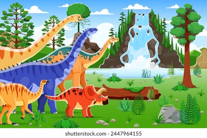 Cartoon dinosaur characters roam a vibrant prehistoric landscape, lush with towering ferns and cascading waterfall. Playful brachiosaurus and triceratops at the ancient world with colorful vegetation