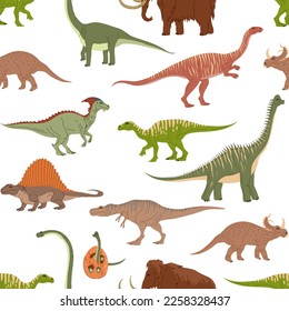 Cartoon dinosaur characters seamless pattern of vector baby dino egg and prehistoric animals. Cute background with mammoth, tarbosaurus and dimetrodon, parasaur and iguanodon, funny raptor dinosaurs