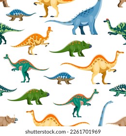 Cartoon dinosaur characters seamless pattern. Fabric print, wrapping paper vector pattern with Panoplosaurus, Titanosauria, Hypacrosaurus, Corythosaurus and Avaceratops, Lambeosaurus cute personages