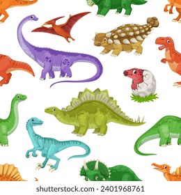 Cartoon dinosaur characters seamless pattern of cute dino animals and funny baby stegosaurus in egg. Vector background with pterodactyl, brontosaurus, tyrannosaurus and velociraptor personages