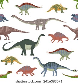 Cartoon dinosaur characters seamless pattern. Cute dino animal personages vector background of eoraptor, lotosaurus, melanorosaurus and apatosaurus, shunosaurus and henodus. Jurassic raptors backdrop