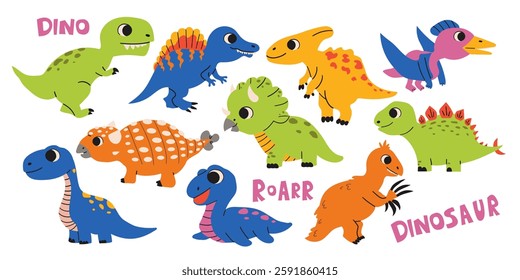 Cartoon dinosaur characters set. Vector colorful flat illustration. Cute dino collection, kids design elements isolated on white background .Hand drawn illustration .