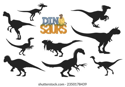 Cartoon dinosaur characters silhouettes of theropods prehistoric animals. Funny baby dino with egg, velociraptor, dilophosaurus and carnotaurus, oviraptor, gallimimus, compsognathus and troodon