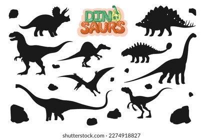 Cartoon dinosaur characters silhouettes. Vector prehistoric animals, monster lizard or dragons with dino egg and volcanic stones. Triceratops, pteranodon, stegosaurus and tyrannosaurus personages