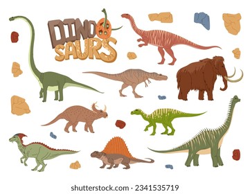 Cartoon dinosaur characters with vector dino egg and baby brachiosaurus. Vector prehistoric animal personages set with cute mammoth, parasaur, iguanodon and dimetrodon, centrosaurus, plateosaurus