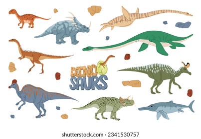 Cartoon dinosaur characters, vector prehistoric animals, dino baby and egg. Cute elaphrosaurus, ichthyosaurus, plesiosaurus and avaceratops, mussaurus, styracosaurus, lambeosaurus and corythosaurus