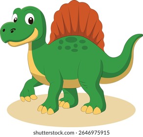 Cartoon dinosaur clipart in ESP format featuring a cute green smiling dino with red sail. Perfect for kids art, t-shirts, invitations, and educational design projects.