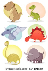 Cartoon Dinosaur Collection/
Illustration of a set of cartoon tiny dinosaurs animals, with cute tyrannosaurus, velociraptor, triceratops, diplodocus, pterodactyl and stegosaurus