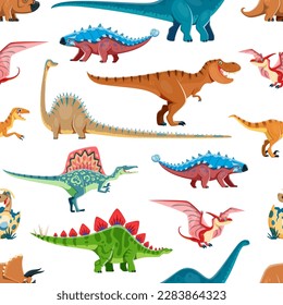 Cartoon dinosaur comic characters seamless pattern. Fabric backdrop, textile vector print pattern with Triceratops, Brontosaurus, Ankylosaurus and Tyrannosaur, Pterodactyl, Spinosaurus cute dinosaurs