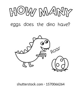 Cartoon dinosaur counting game. Vector coloring book pages for children education. How many eggs does the dino have